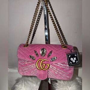 Gucci Pink Velvet Crystals Medium GG Marmont Bag (Limited Edition)